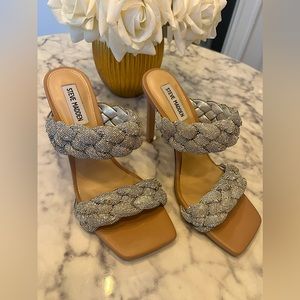 Steve Madden Womens Kenley Silver Slip On Open Toe Dress Sandals Shoes NWT